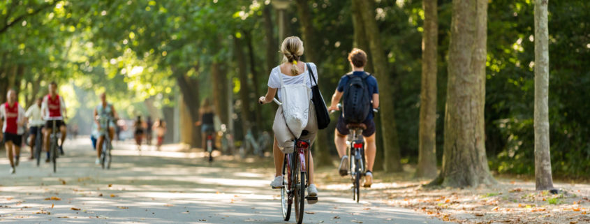 A girl and boy biking in the park.